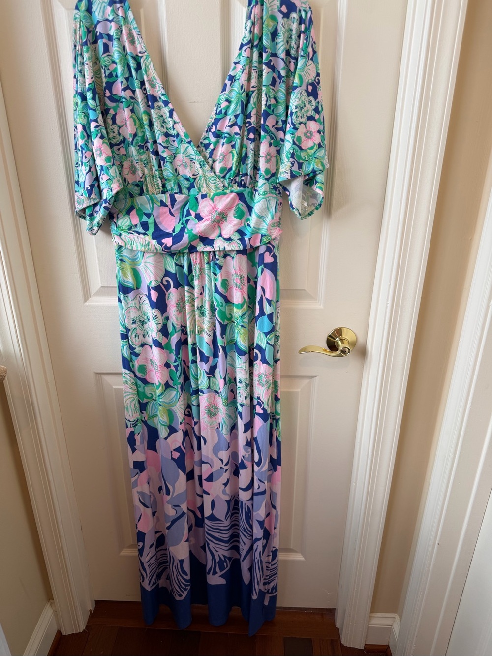 Lilly Pulitzer Blue, Pink & Green Floral V-Neck Maxi Dress